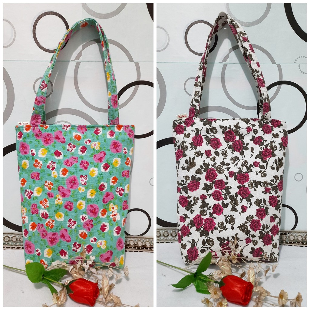 RF Tote Bag Bunga - Bunga Tas Tenteng Kanvas Wanita Mini Tempat Bekal Kerja Pengajian Murah Sidoarjo