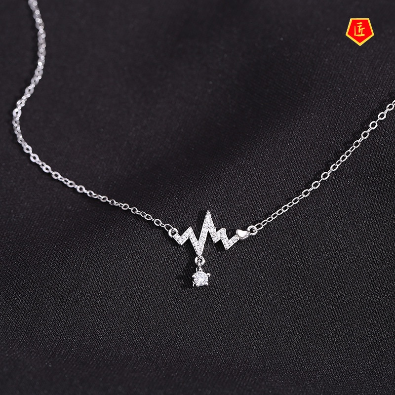 [Ready Stock]Rhinestone Heartbeat Silver Necklace Female Design Temperament