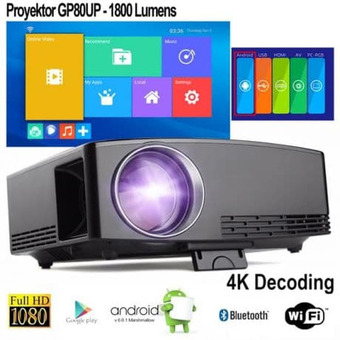 Android 6.01 GP80UP Mini Projector LED 1800 Lumens 4K video Proyektor Android Wifi  Infocus Nobar