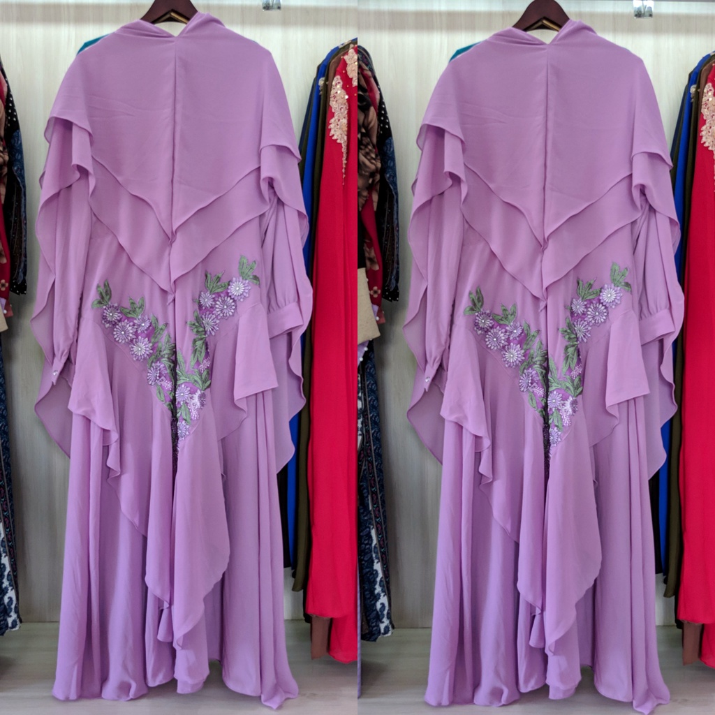 Gamis Syari Ceruty Bordir Set Khimar Gamis wanita Remaja Kekinian Ibu Ibu Jumbo Mewah-Ungu