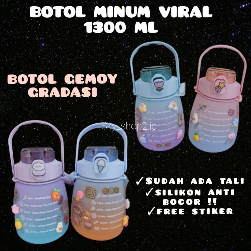 Botol Minum Big Belly Gemoy 1300ML 1.3Liter Botol Motivasi Penanda Waktu Botol Minum Viral Gradasi Free Sticker Botol Sultan Korea Kualitas Tinggi