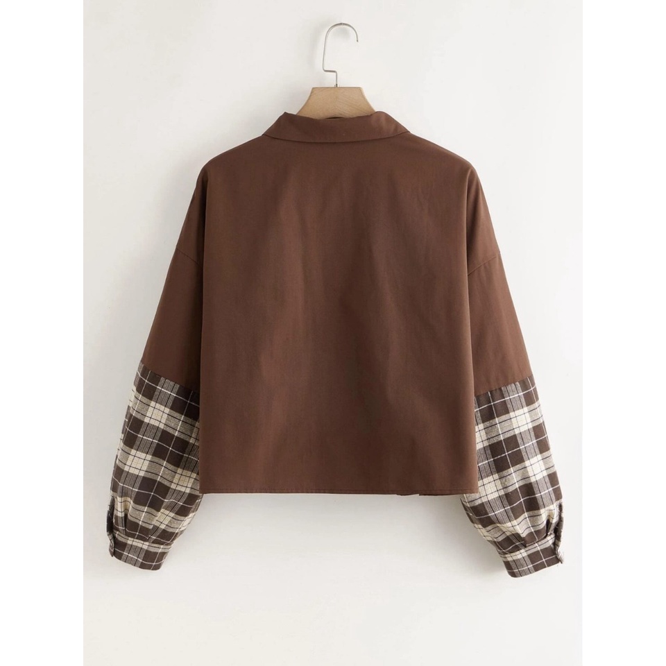Vallina Audrey Blouse Top Two Tone Shirt Plus Plaid Dual Pocket Button Through Shacket Atasan Muslim Kemeja Wanita Korean Style-6