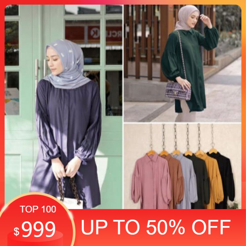 Baju Long Dress Tunik Wanita Muslim Jumbo Polos Tangan Balon Terbaru Kekinian Polos