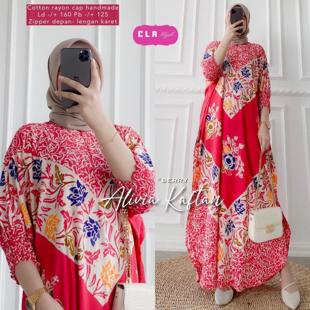 Alivia Kaftan Wanita Cap Handmade Rayon Premium Gamis Terbaru Motif Flower Baju Wanita Bigsize Kekinian