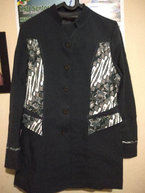 Set Blazer Baju Kerja Wanita Cewek Modern Shanghai Mix Batik Abu Tua Seragam Kantor Formal Resmi