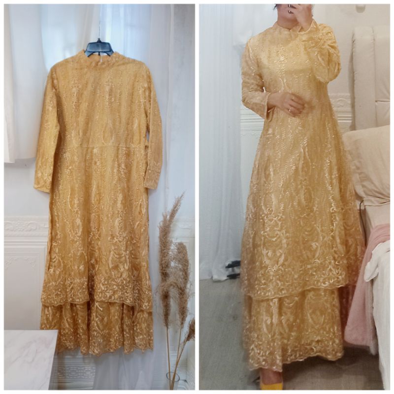 Gamis Pesta Gold Emas Baju Muslim Dress Pesta Tingkat Dua Baju Lebaran