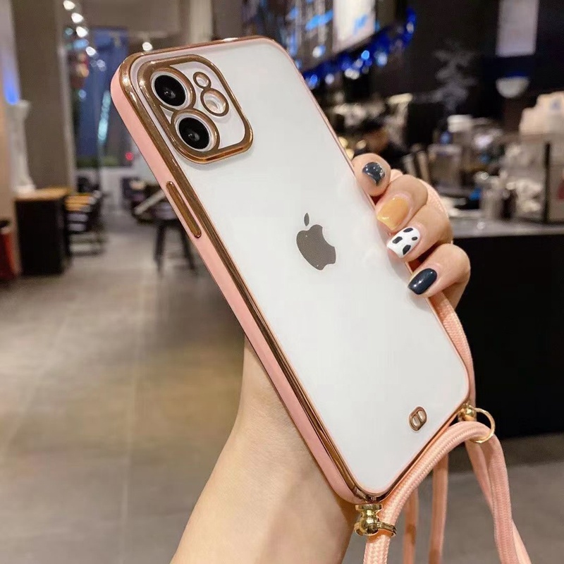 【Lanyard case iphone】TPU two-color casing iphone for iphone 12 pro max 12mini 11pro max electroplating anti-drop all-inclusive soft case iphone