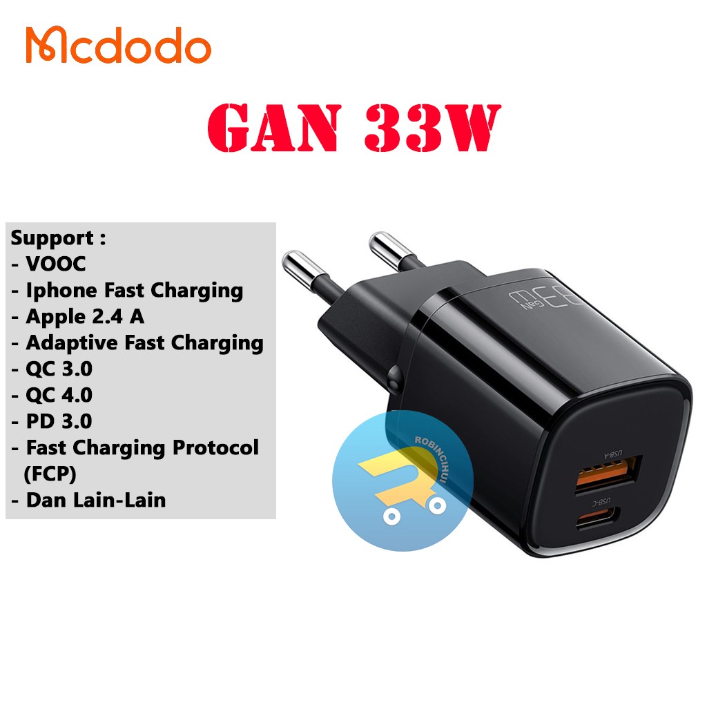 MCDODO Adaptor GAN 33 Watt Charger Dual Slot Fast Charging VOOC - QC3.0 - QC4.0 - Aplle 2.4a, Iphone Fast Charging - Adaptive Fast Charging(AFC) - FCP - SCP Charger Samsung - Adaptor oppo - Adaptor Samsung - Adaptor Vivo - Adaptor Xiaomi - Adaptor Huawei