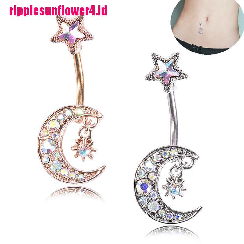 Anting Tindik Perut / Pusar Model Bulan + Bintang Dengan Kristal Untuk Wanita