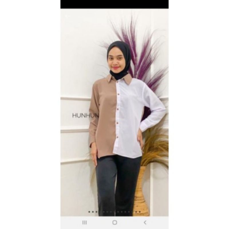 Kemeja Wanita Atasan Blouse Casual Polos Kombinasi Warna Lengan Panjang Baju Cewe Model Pinguin-4