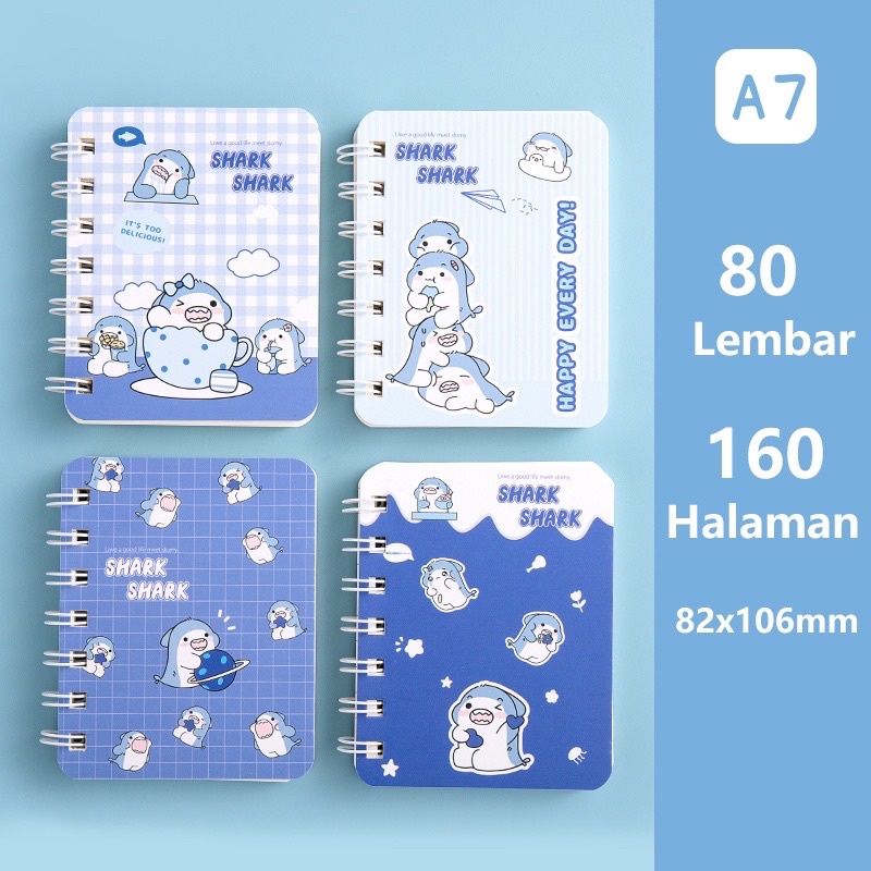 

notebook a7 notes notepad ring motif hiu lucu biru blue baby shark cute imut lucu kawaii