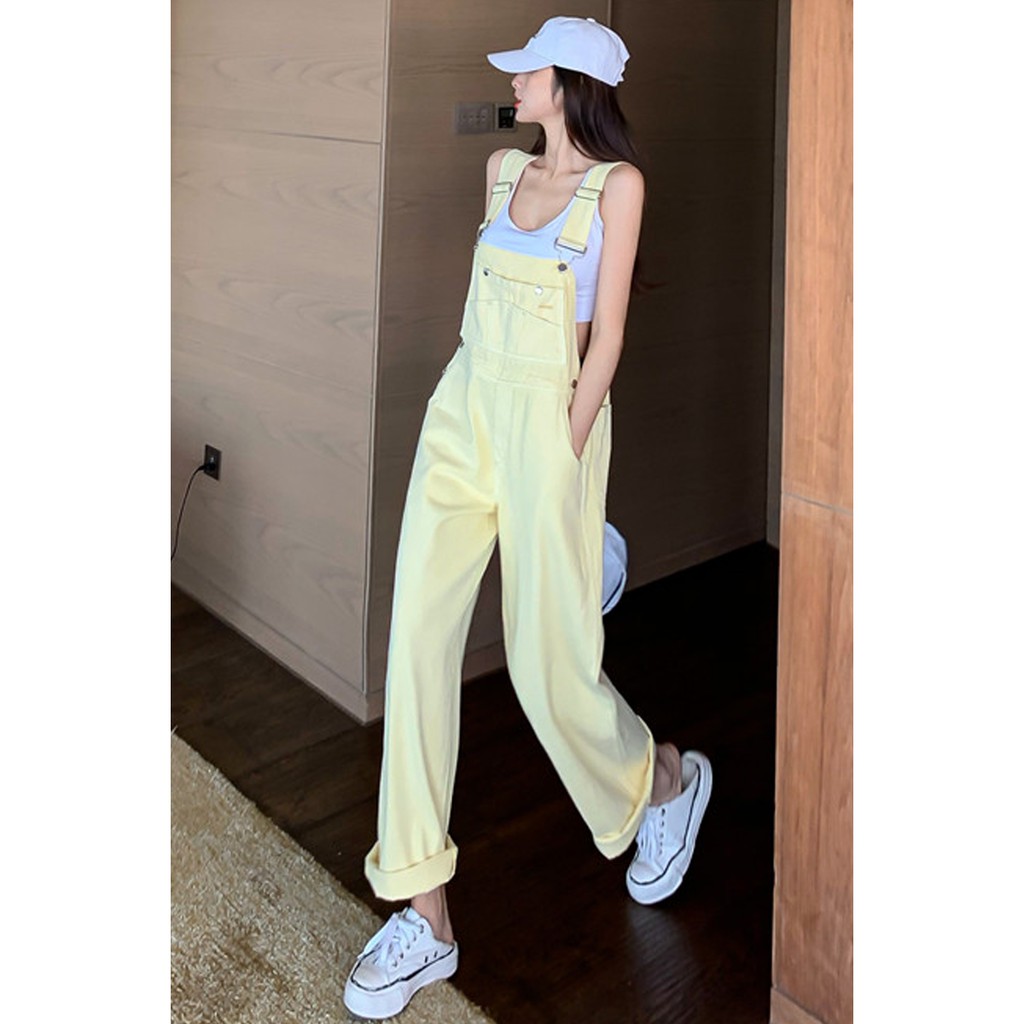 Suhao Denim kecil overall celana panjang wanita musim gugur terlihat ramping pinggang tinggi lurus ramping gadis manis Roll-up celana lebar