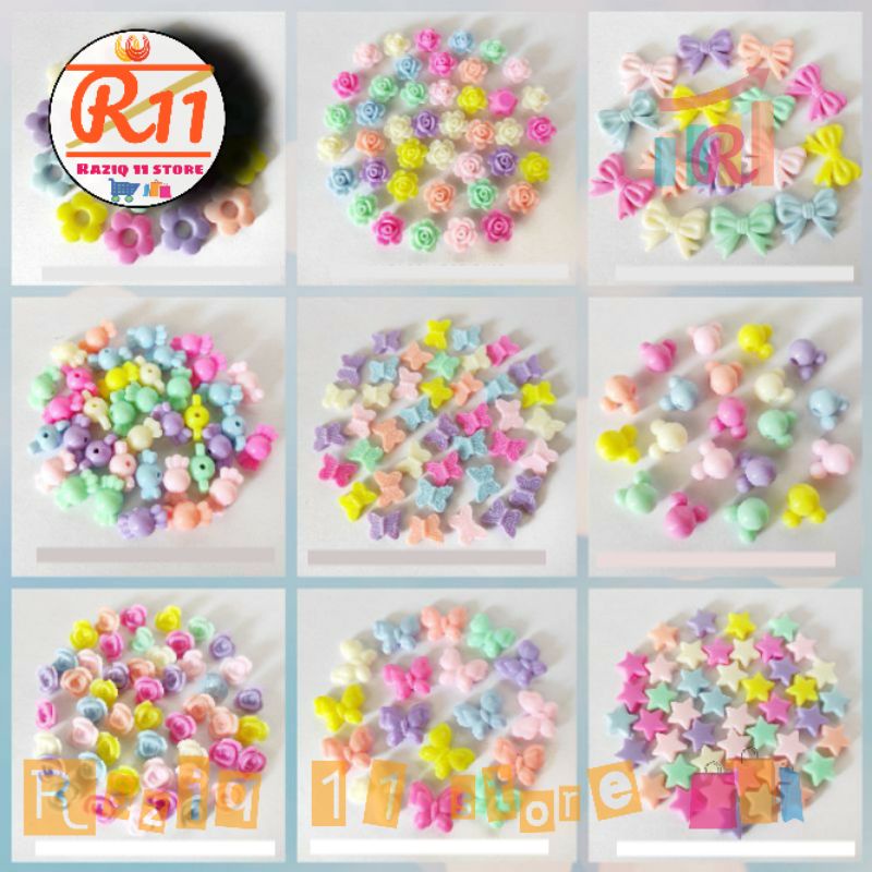 (25 pcs) Manik Manik Pastel Mote Susu Motif Bintang Bunga Bahan Craft &amp; DIY