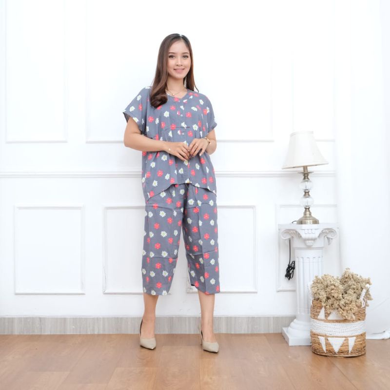 Piyama kancing celana 7/8  depan Busui babydoll wanita Hits baju tidur perempuan one set jumbo pajamas