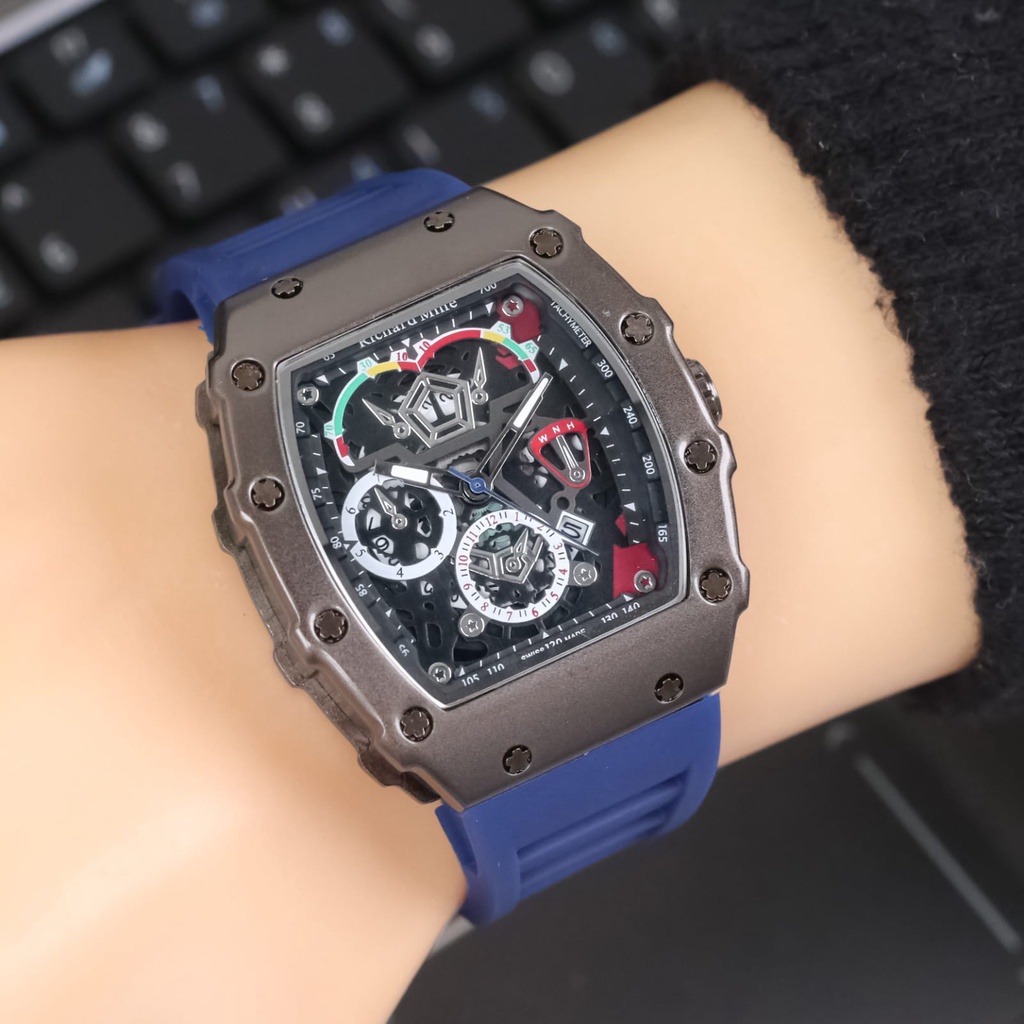 BEST SELLER JAM TANGAN PRIA RM E85 TALI RUBBER CHRONOGRAPH TANGGAL AKTIF DM 4.5CM FREE BOX || JAM TANGAN PRIA FASHION PRIA RM