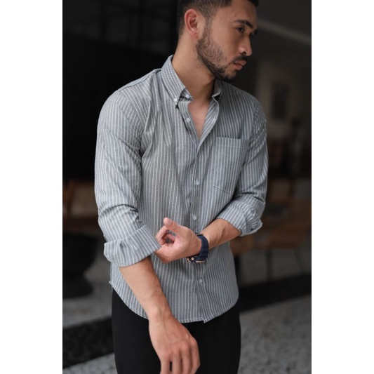 Mubeng - Kemeja Panjang Royal Oxford Dark Grey Stripe