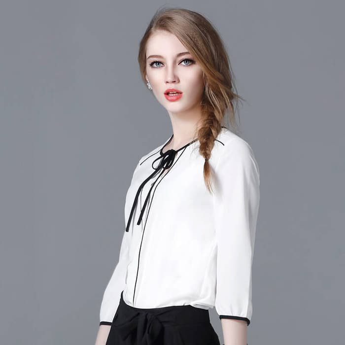 T91 Blouse wanita Kombinasi Tali 3/4 - Atasan Wanita Putih  Blus Model Korea Fashion Wanita Terlaris