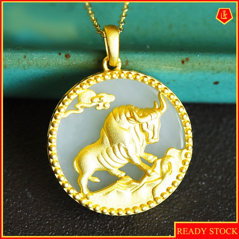 [Ready Stock]Hetian White Jade Gold Inlaid with Jade Chinese Zodiac Cow Pendant Elegant