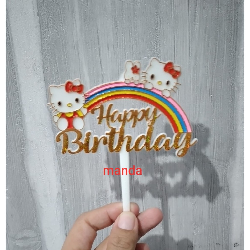Topper kue tart puding tumpeng tusuk happy birthday karakter hello kitty pelangi