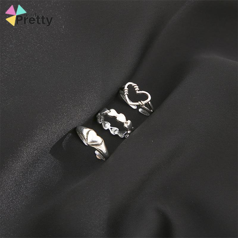 3pcs Cincin set korea Model Terbuka Desain Gelombang Hati Warna Silver Gaya Vintage Untuk Wanita - PD