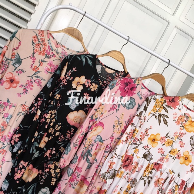 Florina Dress // Gamis Dress Panjang Motif Bunga Bahan Rayon Adem Busui Friendly