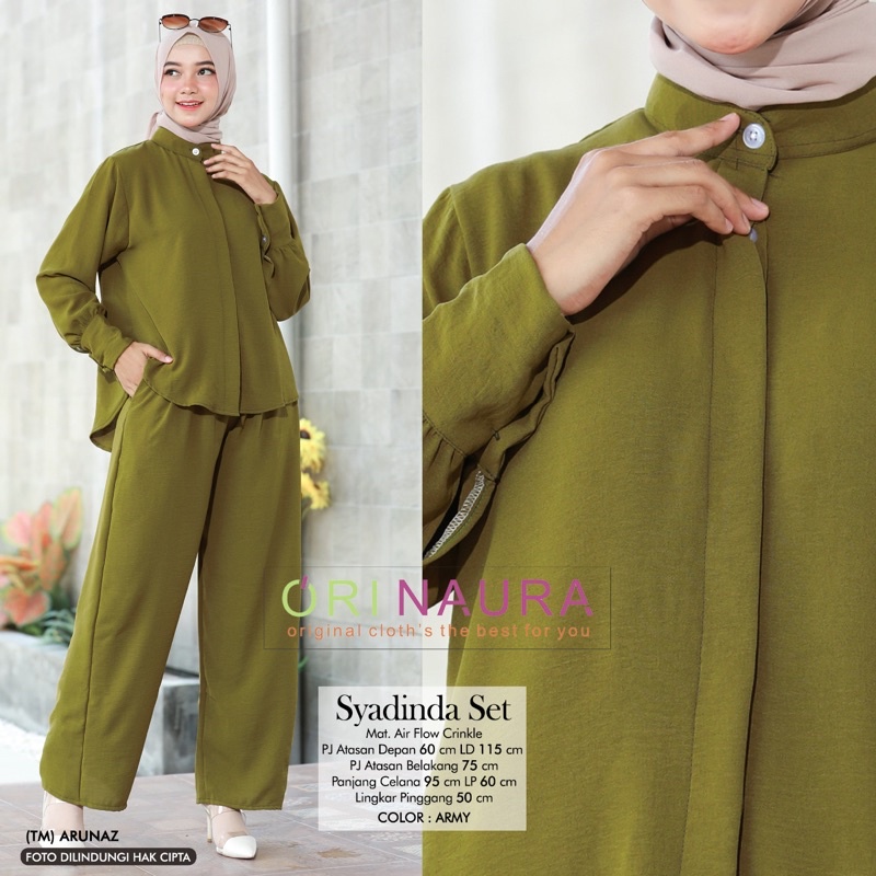 FIKRI NUMA KYRA SYADINDA ONE SET SETELAN WANITA BAHAN AIR FLOW crinkle ori by ori naura tulus signature-SYADINDA army