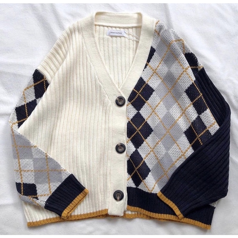 [ready stock] sarah argyle cardigan | atasan knit cable rajut motif setengah kotak kotak gaya korea