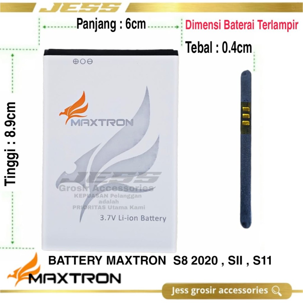 Baterai Batre Original MAXTRON S8 2020 ( ukuran Battery Panjang 6.0 cm Tinggi 8.9 cm Lebar 0.4 cm )