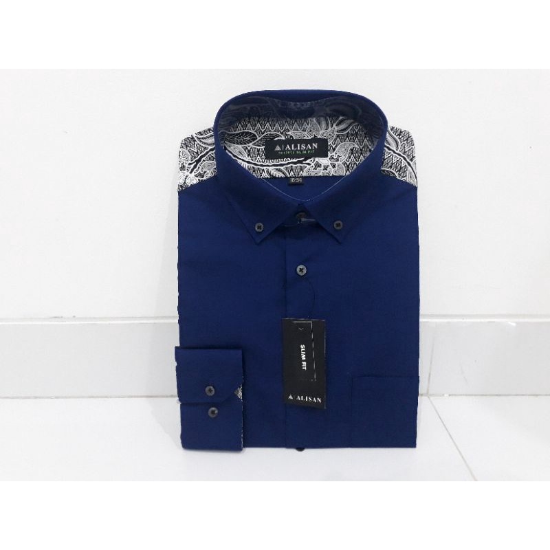 Kemeja Alisan Slim Fit Biru Kombinasi Batik Lengan Panjang