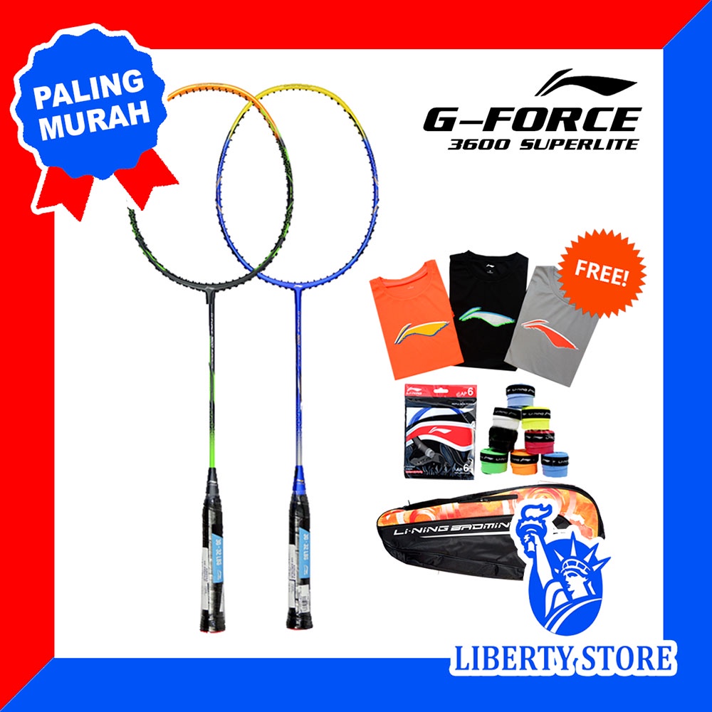 Raket Badminton ORIGINAL LINING G FORCE 3600 SUPER LITE + TAS + BAJU + SENAR + GRIP