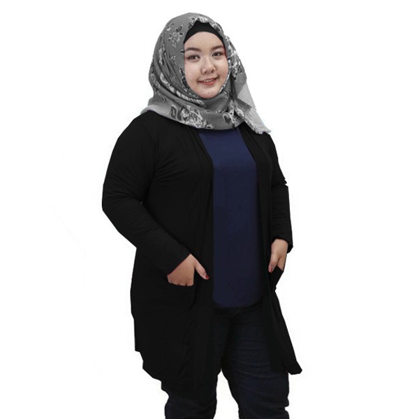 MODEL CARDIGAN KOREA TERBARU/ Outer Cardigan Kaos Polos Lengan Panjang Big Size / Jumbo - Hitam