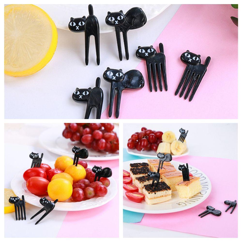 Solighter 6pcs Garpu Buah Desain Kartun Kucing Hitam Untuk Dekorasi Bento