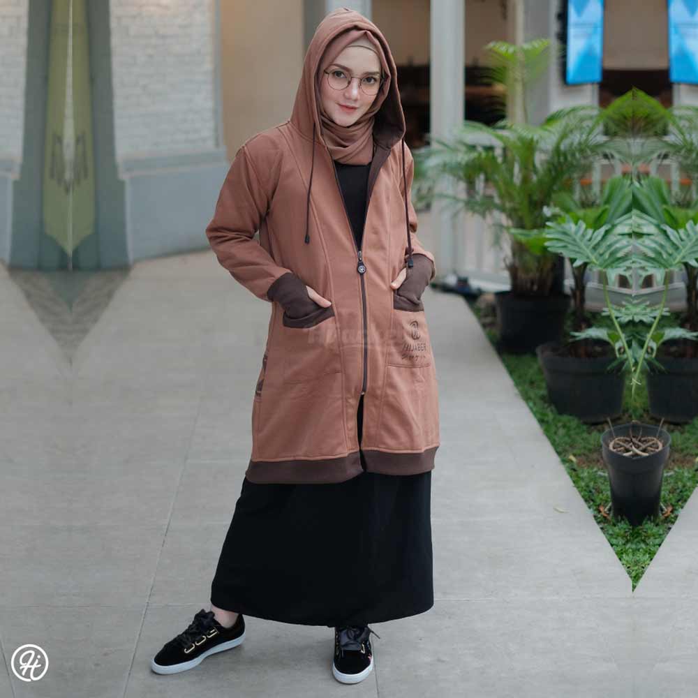 Jaket Hoodie Panjang Wanita Cewek Muslimah Hijaber Jacket Hijab Roundhand Finger Hijacket YK Coklat-4