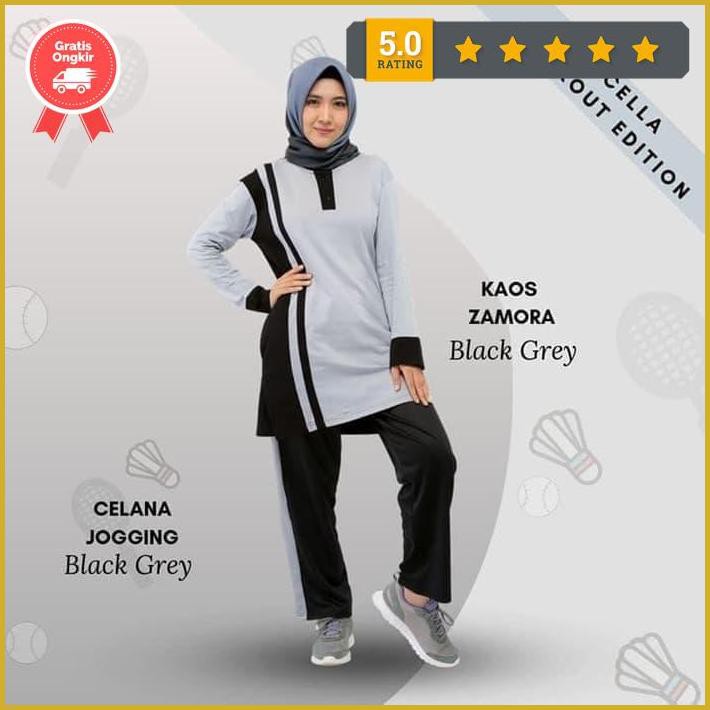 Setelan Olahraga Wanita Muslim, Seragam Olahraga Baju+Celana Training - Black Grey, S-M Premium
