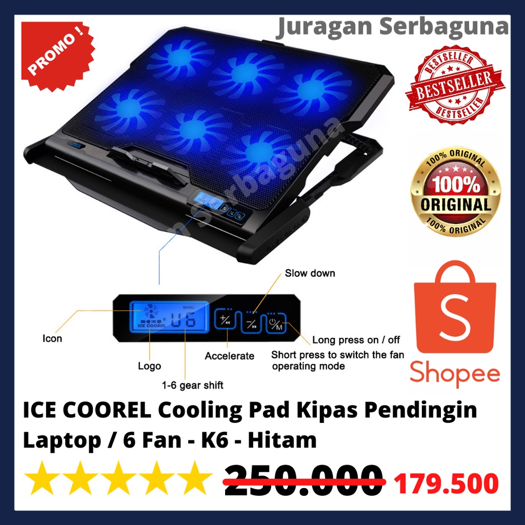 ICE COOREL Cooling Pad Kipas Pendingin Laptop / 6 Fan - K6 - Hitam