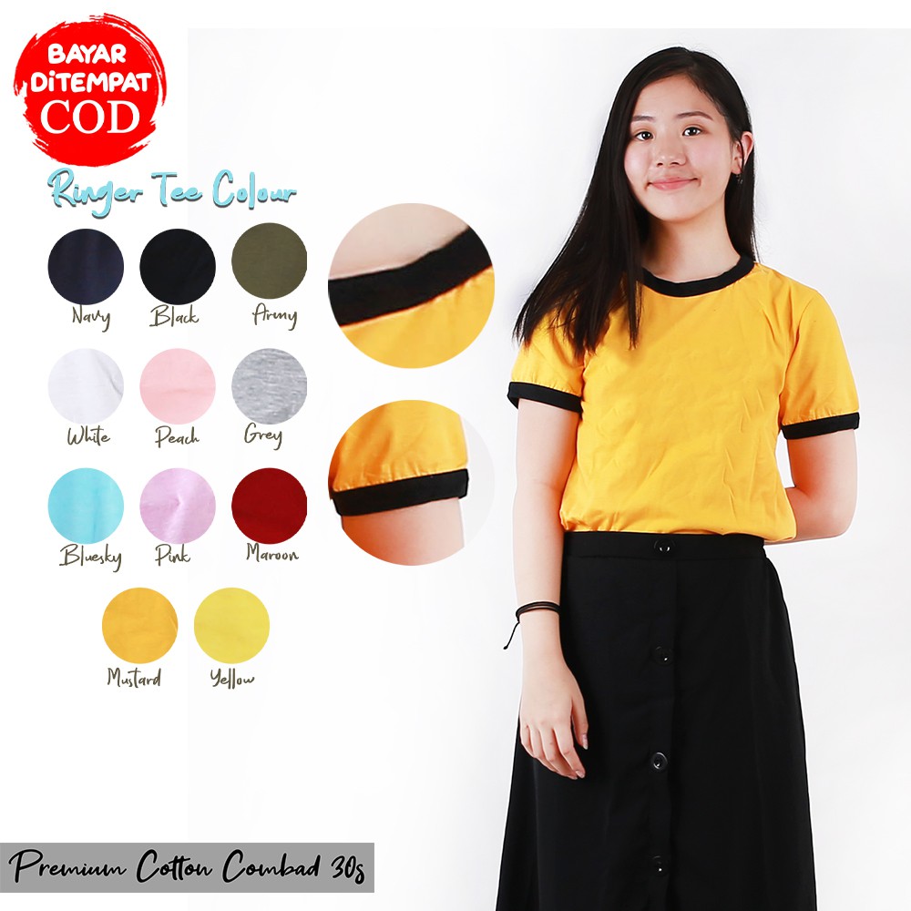 BAJU KAOS RINGER TEE POLOS FOR CEWEK TUMBLR TEE CEWE T-SHIRT COTTON COMBED 30S - YELONIX