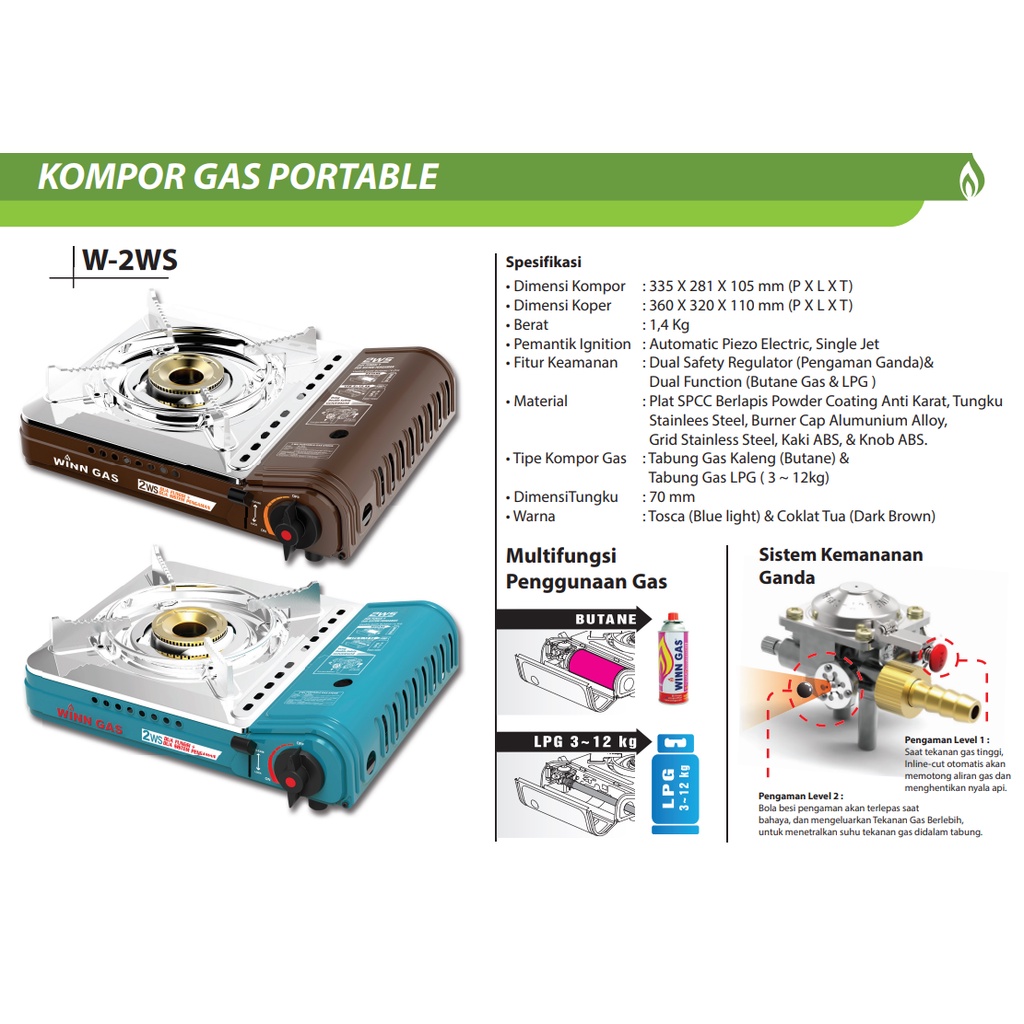 Kompor Gas Portable Winn Gas W-2WS Double Safety Sistem Keamanan Ganda W2WS Winn Gas 2in1