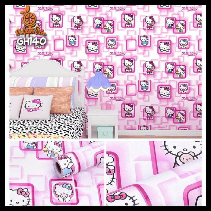 Wallpaper Sticker Dinding Motif Hello Kitty Kotak 3D Pink Ukuran Panjang 10Meter x Lebar 45CM