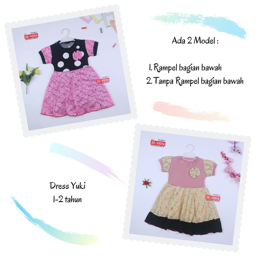 Dress Yuki uk 1-4 Tahun / Dres Lengan Anak Perempuan Baju Gaun Pesta Import Brukat Adem Murah