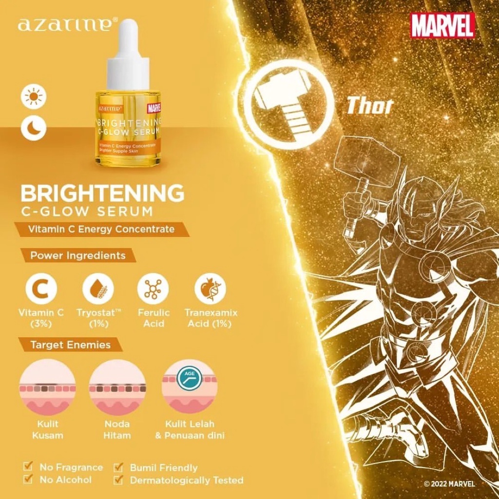 AZARINE Superhero Serum Brightening Series Indonesia / Niacinamide 5% Moisture Sepiwhite MSH Brightening C-Glow Radiant Luminous 20ml / Mencerahkan Wajah / Skincare Face Care Facial Wash Toner Essence Mist Day Eye Cream Sunscreen Mask Moisturizer / Paket