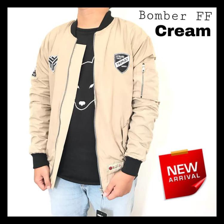 100%Original Jaket Bomber Pria Distro Terbaru - Bmb Ff Cream, L Promo Bulan Ini