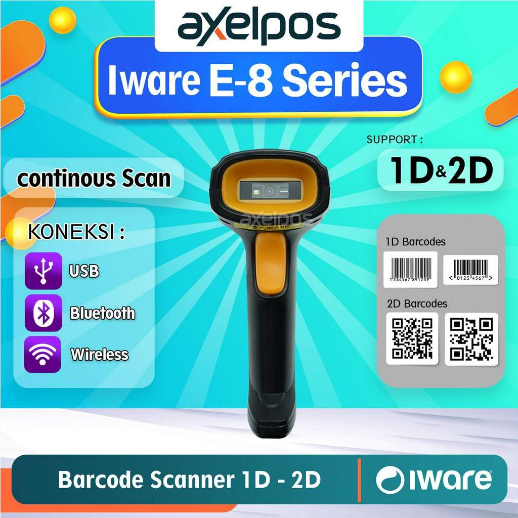 Barcode Scanner USB - Bluetooth - Wireless 1D / 2D Continous Scan Iware E8 Series