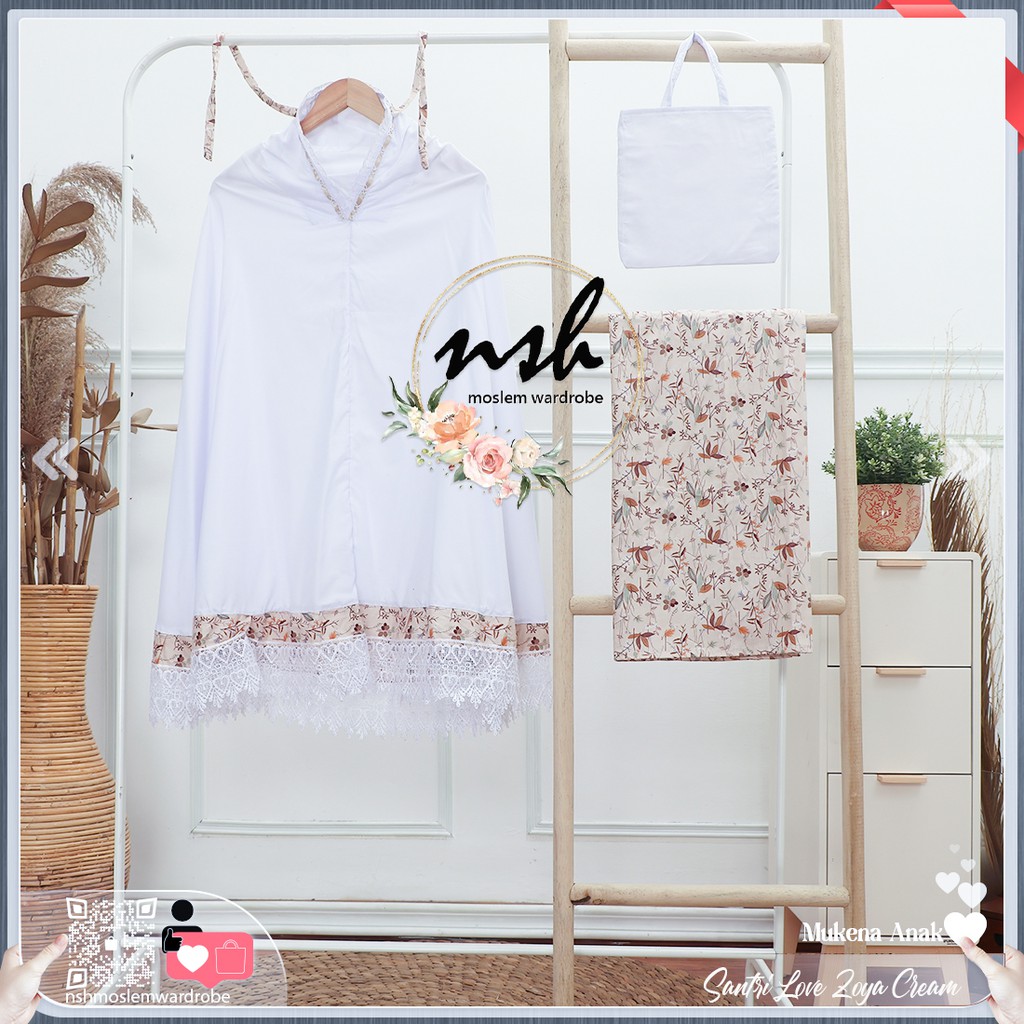 [𝓷𝓼𝓱] Mukena Anak Katun Jepang Santri Renda Love (Muat Hingga Ukuran Tanggung)-Zoya Cream