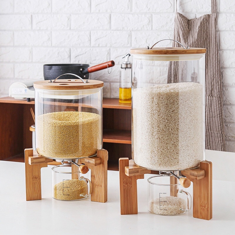 Dispenser Beras Kayu / Wooden Rice Dispencer / Tempat Beras Kaca