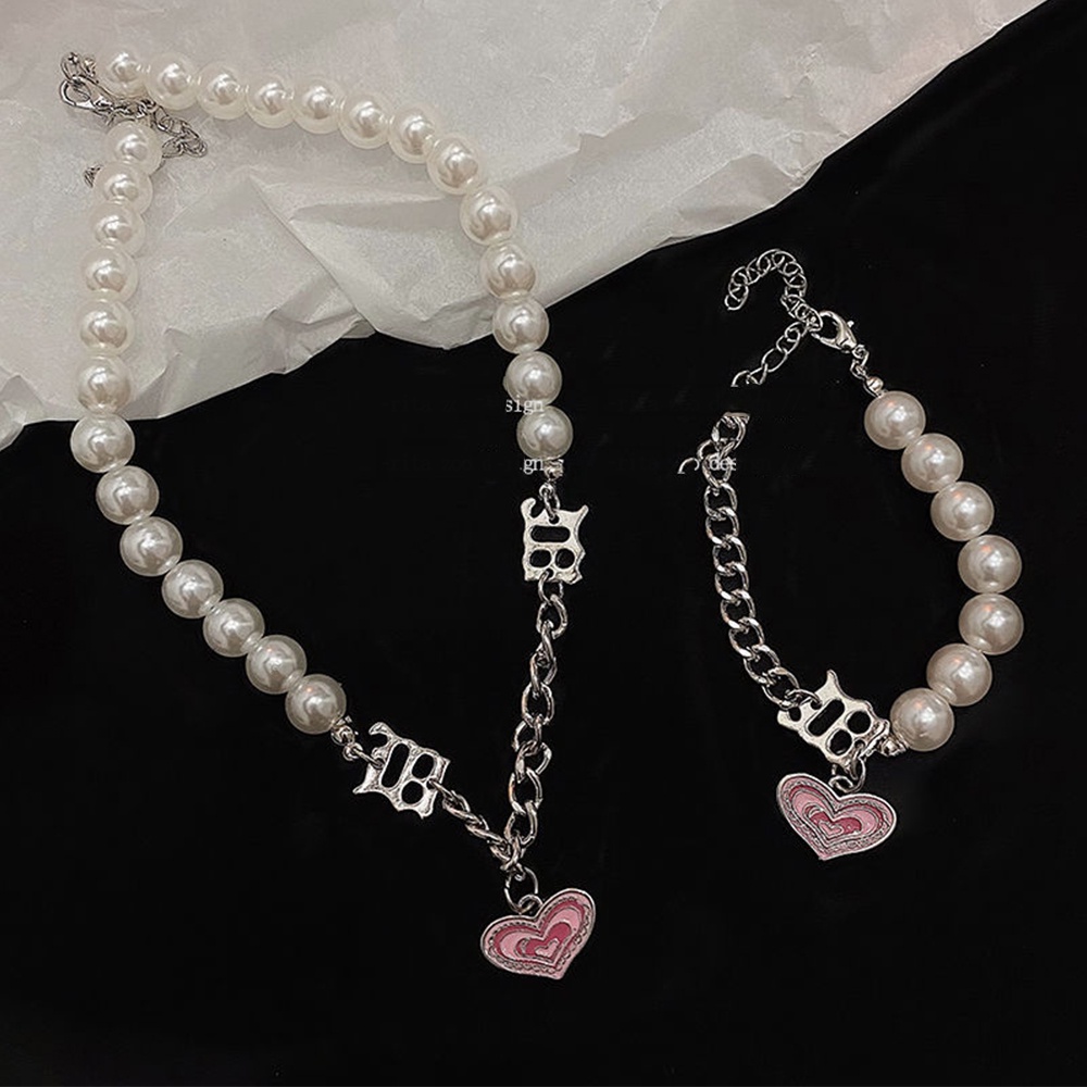 IFYOU Kalung Dan Gelang Mutiara Bentuk Hati Motif Tulisan Gaya Korea Untuk Wanita