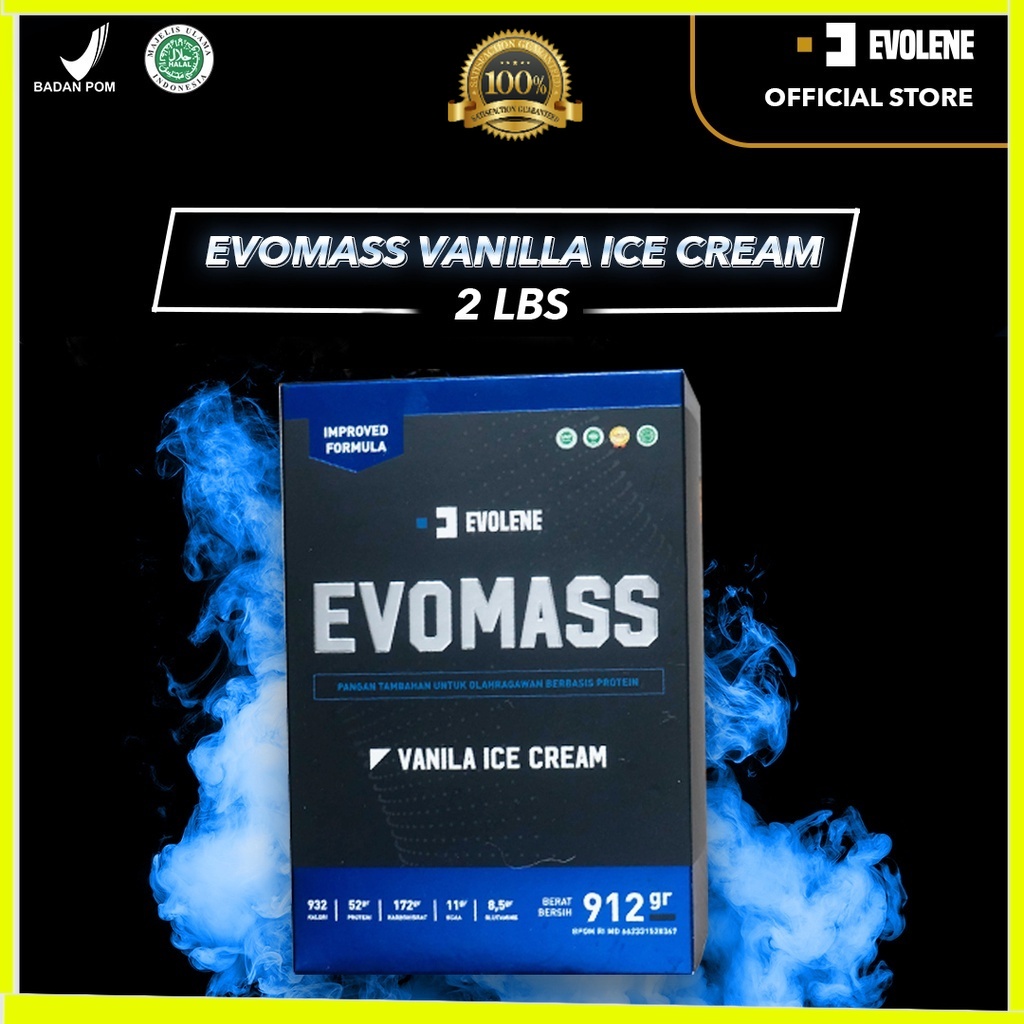 Evomass Vanila 2 LBS - Penambah massa otot - Suplemen fitness - Pembentuk otot - Kaya Nutrisi - Surplus kalori - Minuman susu workout - Susu penambah berat badan - Mass Gainer - Suplemen penambah berat badan Evolene Evoline Evolen