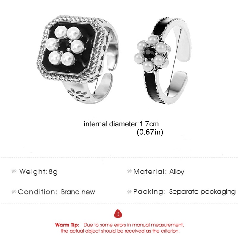 2pcs / Set Cincin Model Terbuka Adjustable Desain Bunga Hias Mutiara Gaya Retro Untuk Wanita