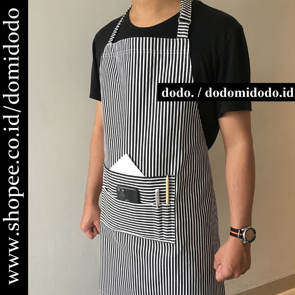 Celemek Apron Barista Handmade - Apron Tali Leher – Premium Canvas - Garis Hitam