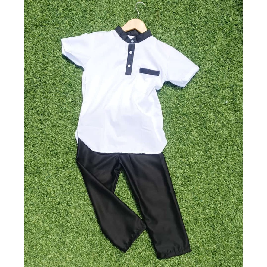 Baju Koko setelan putih hitam 1-12 tahun katun toyobo