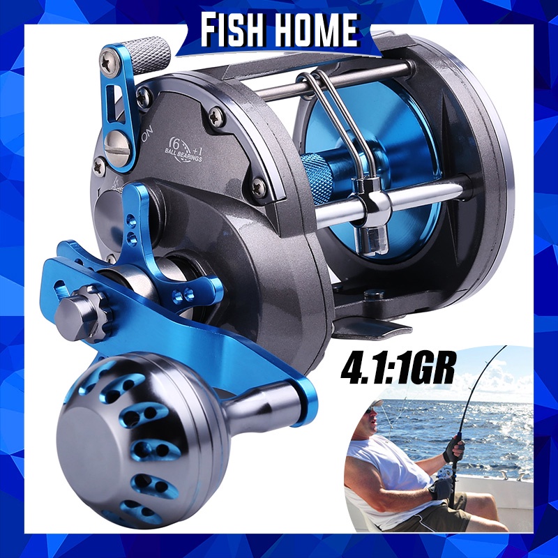 Rasio Gear Fishing Reel Air Asin 4.1: 1 Bintang Grag Reel Bahan Paduan Kekuatan Tinggi Kuat Memancing Drum Trolling Fishing Reel untuk Berselancar dan Air Asin